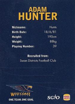 2007 SGIO West Coast Eagles #NNO Adam Hunter Back